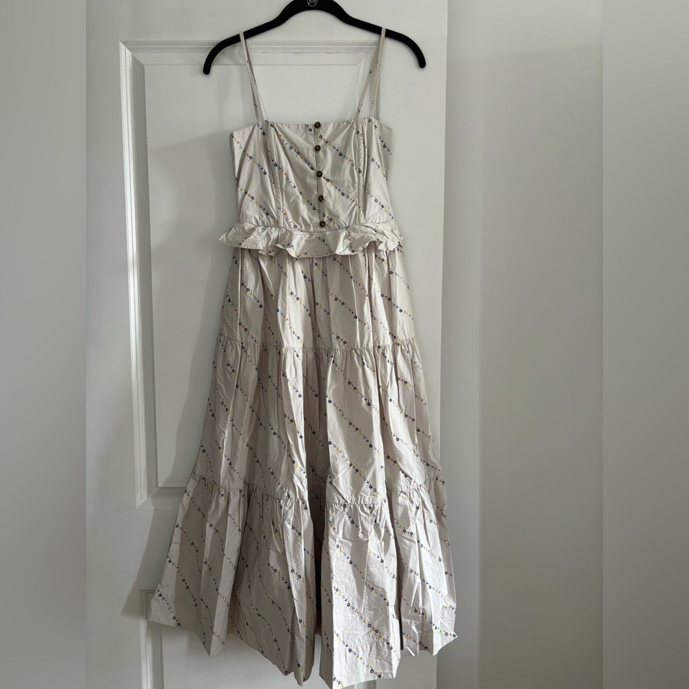 GANNI Ruffle-trimmed floral-print cotton-poplin midi dress, size 36